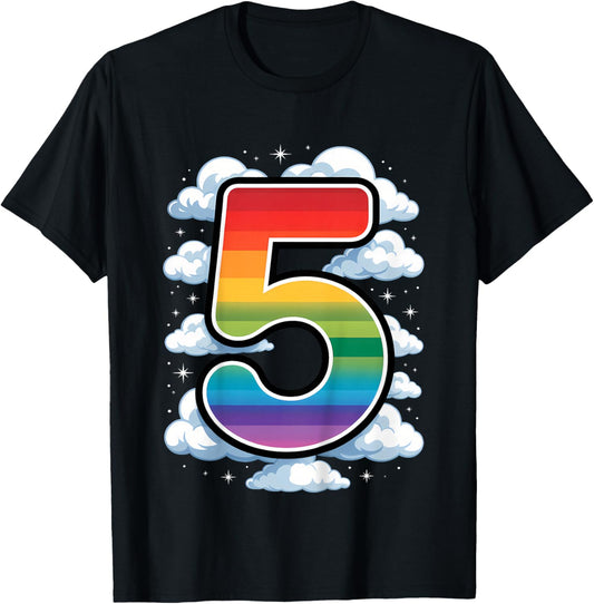 5th Birthday Rainbow and Clouds 5 Years Old Girls Boys Kids T-Shirt - T-Shirt | Black