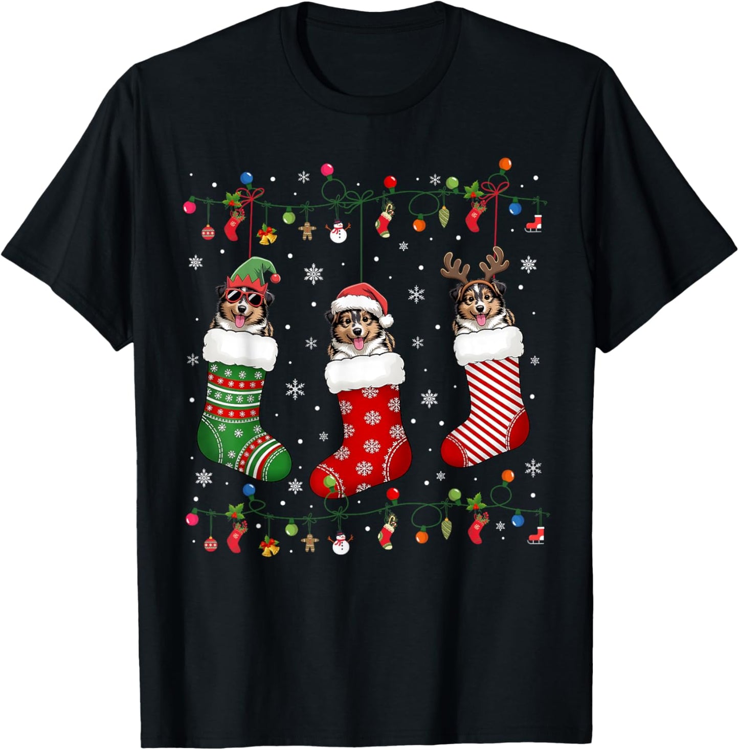 Shetland Sheepdog Dog Christmas Socks Funny Xmas Pajama Dog T-Shirt - T-Shirt | Black