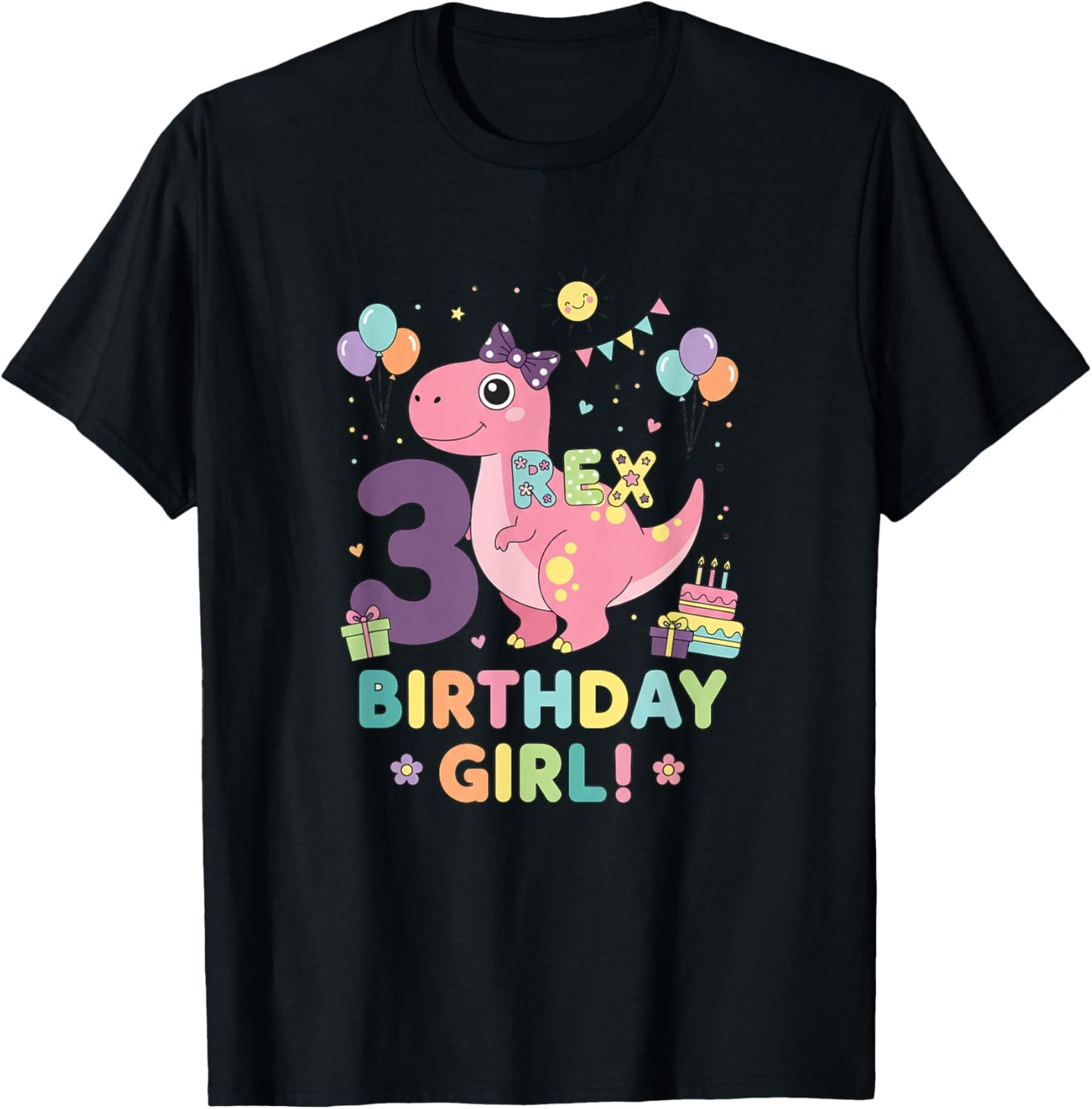 Mythical & Prehistoric Pink 3rd Birthday Girl Dino 3rd T-Shirt - T-Shirt | Black
