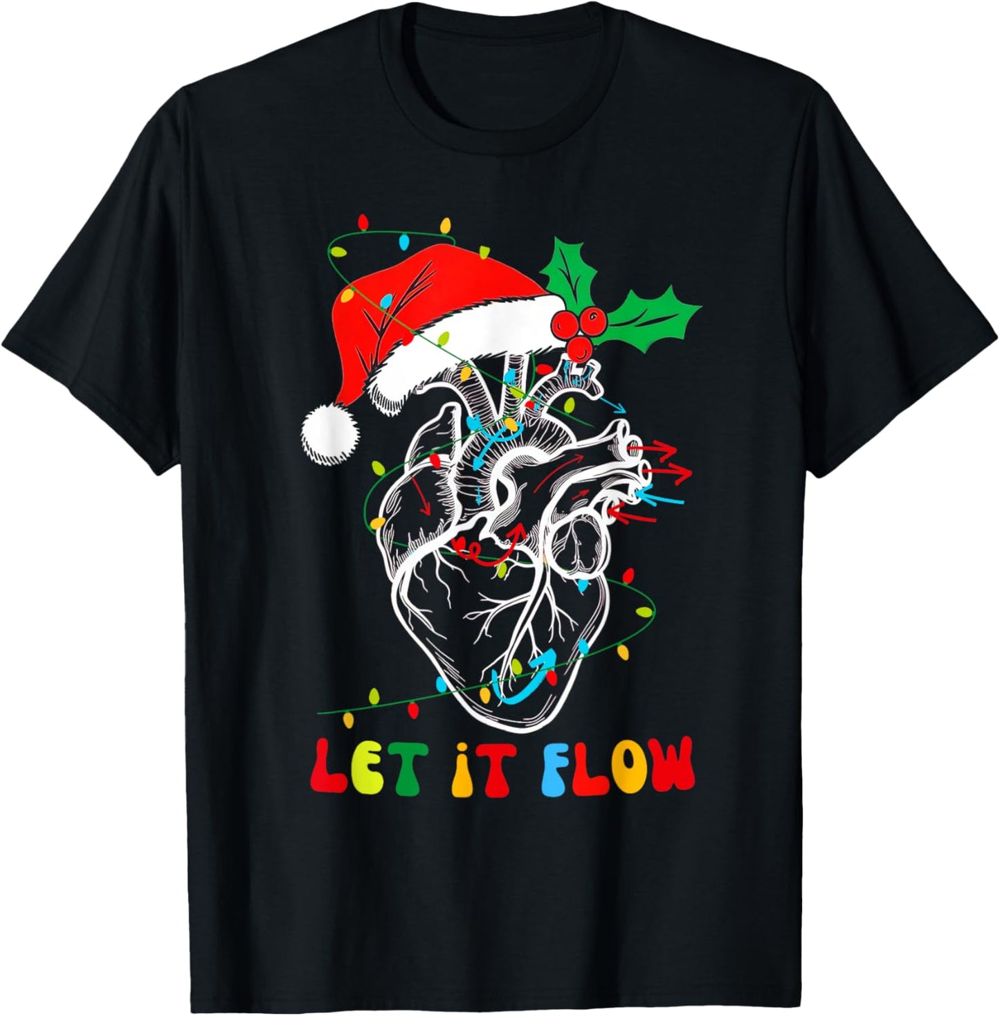 Funny Let It Flow Anatomy Heart Cardiac Nurse Santa Hat Xmas T-Shirt - T-Shirt | Black