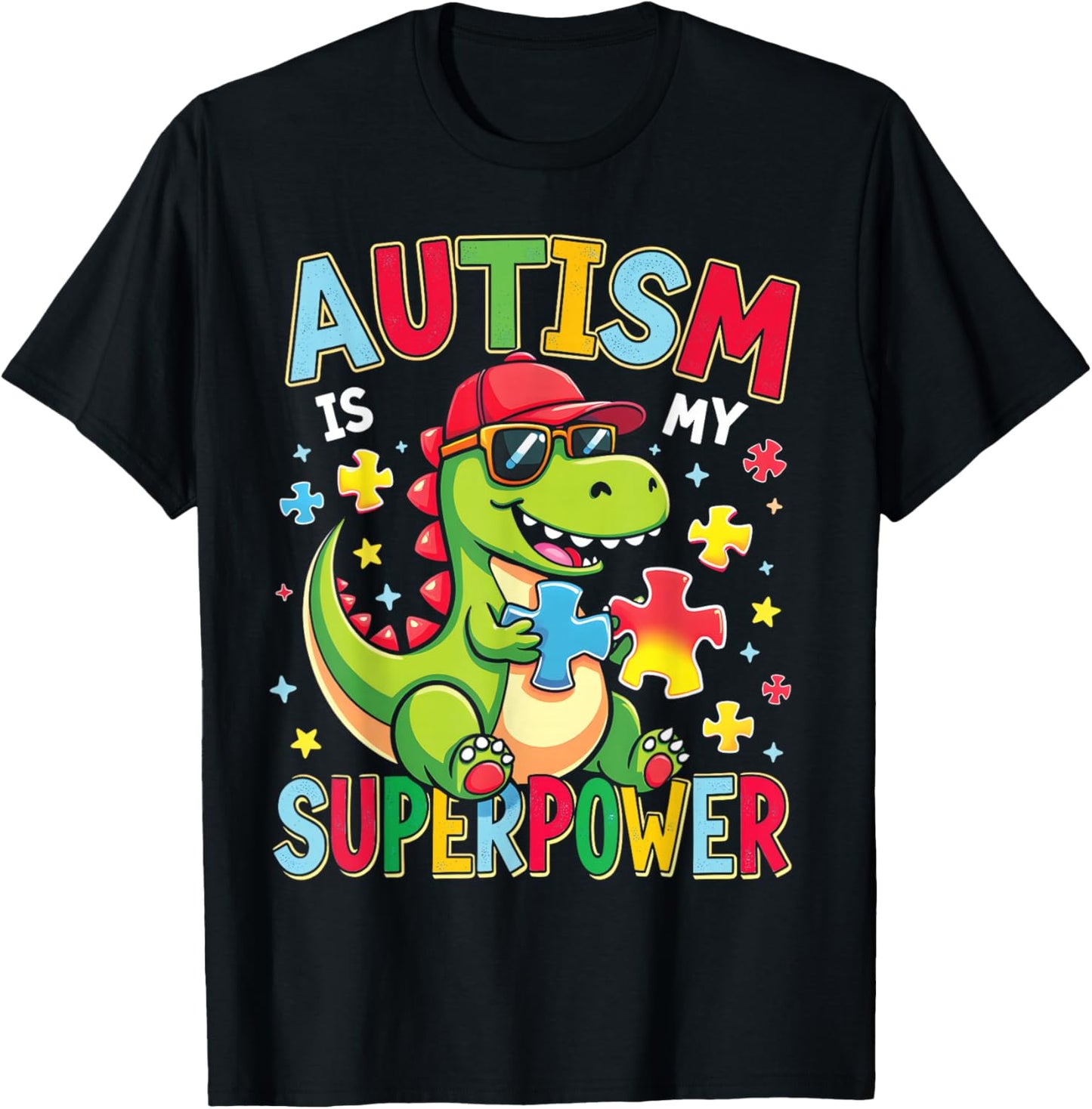 Autism Is My Superpower Autism Awareness Dinosaur Boys Kids T-Shirt - T-Shirt | Black