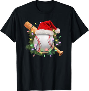 Christmas Baseball Santa Hat Holiday Lights Sports Fans T-Shirt - T-Shirt | Black