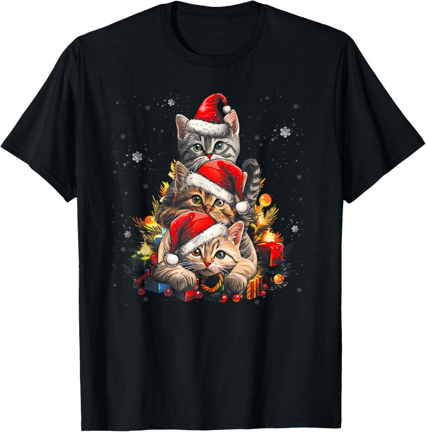 Cat Christmas Light Reindeer Santa Christmas Cat Lover T-Shirt - T-Shirt | Black