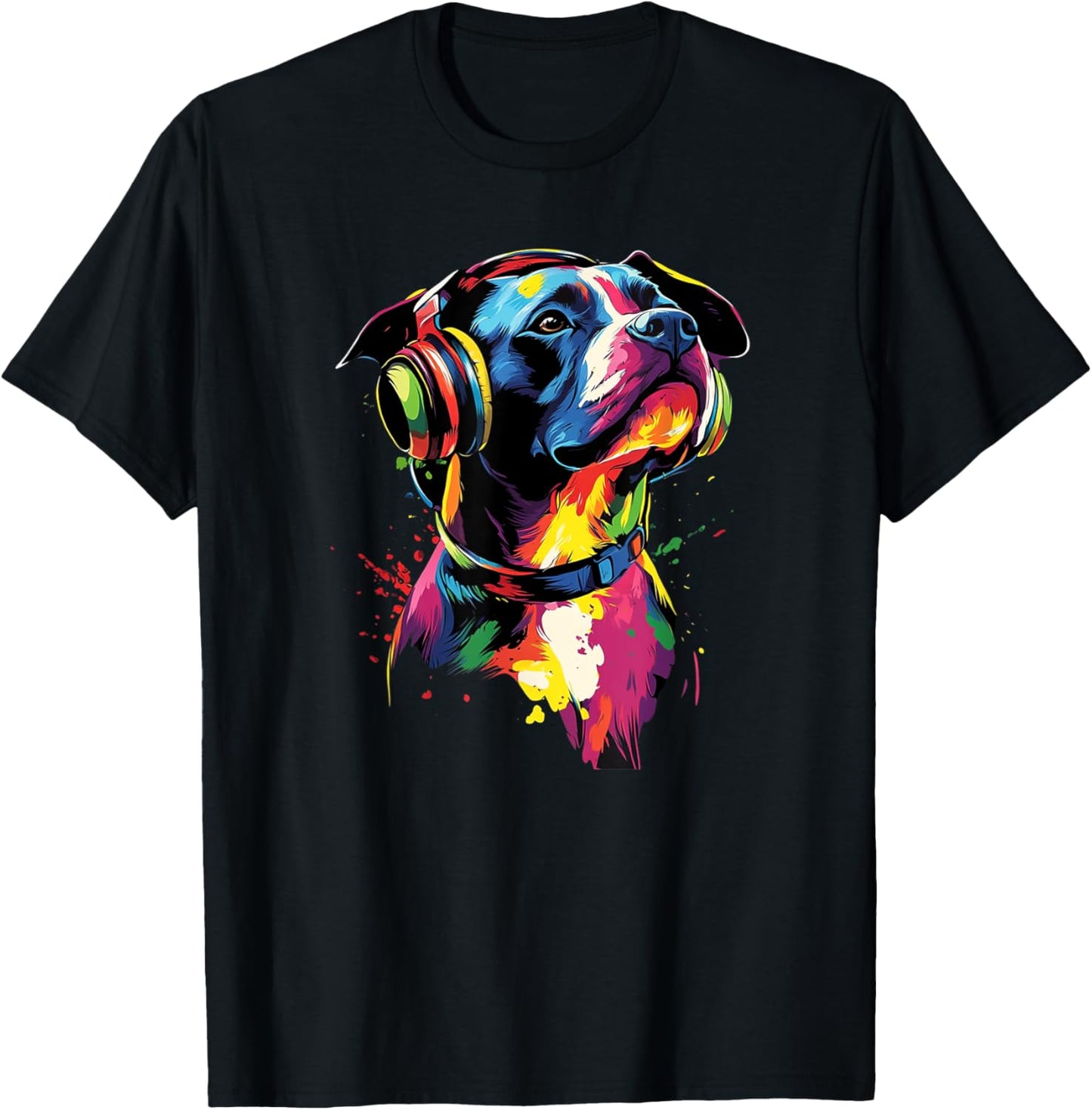 Artistic Colorful American Pit Bull Headphones Dog Pitbull Men Women Kids T-Shirt - T-Shirt | Black