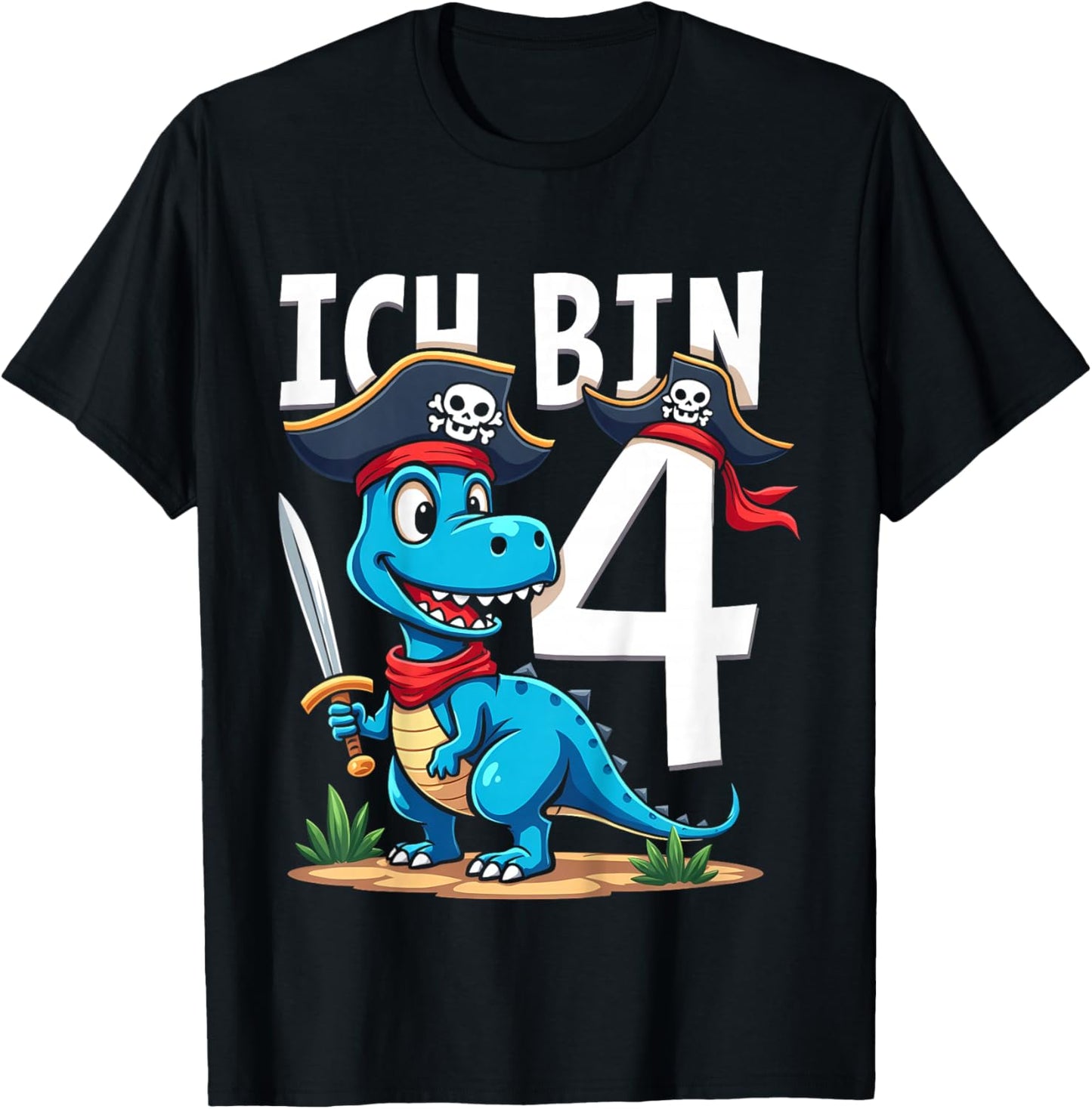 Children's 4th Birthday Pirate Decoration 4 Years Boy Outfit Pirate Dino , black T-Shirt - T-Shirt | Black