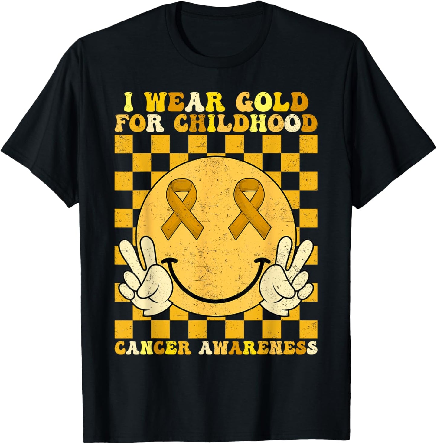 Groovy I Wear Gold For Childhood Cancer Awareness Smile Face T-Shirt - T-Shirt | Black