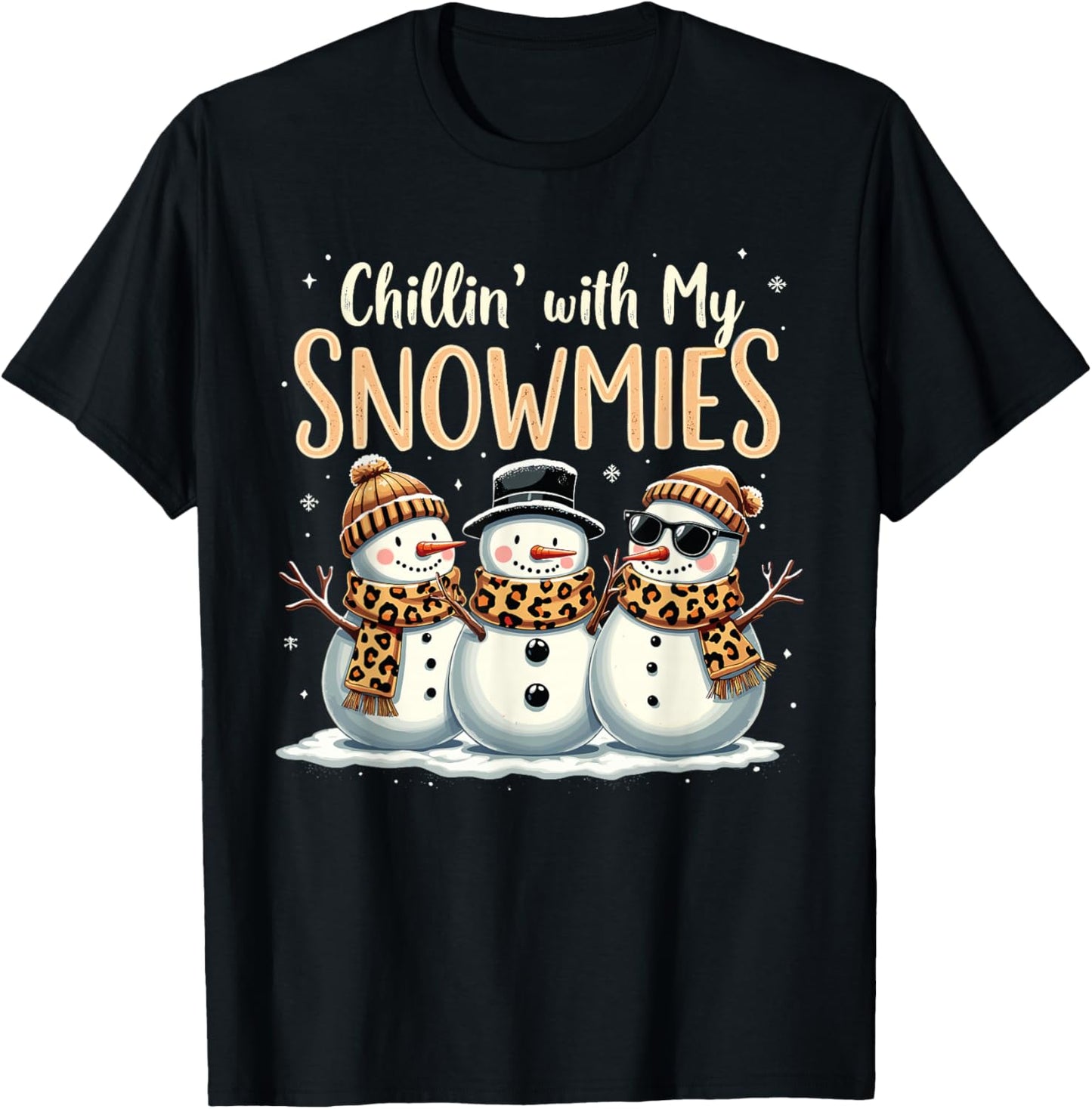 Frosty Fun Holiday Vibes Leopard Chillin With My Snowmies Snowman Festive Leopard T-Shirt - T-Shirt | Black