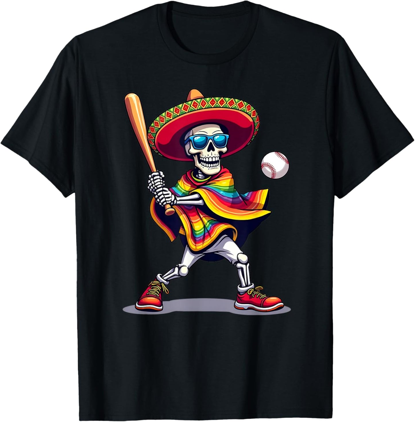 Mariachi Skeleton Baseball Cinco De Mayo Mexican Sombrero T-Shirt - T-Shirt | Black