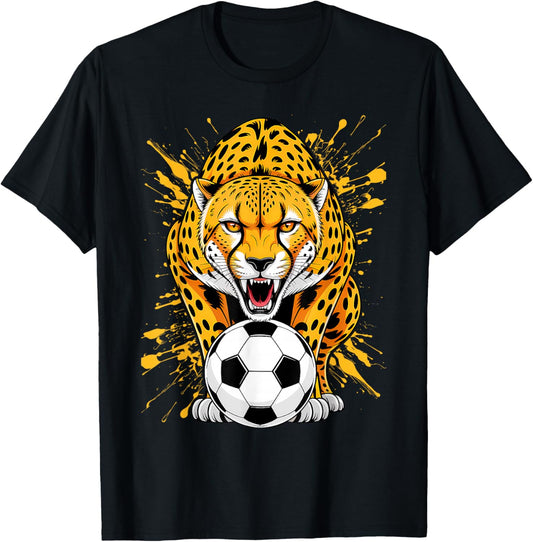 Cheetah Playing Soccer Funny Animal T-Shirt - T-Shirt | Black