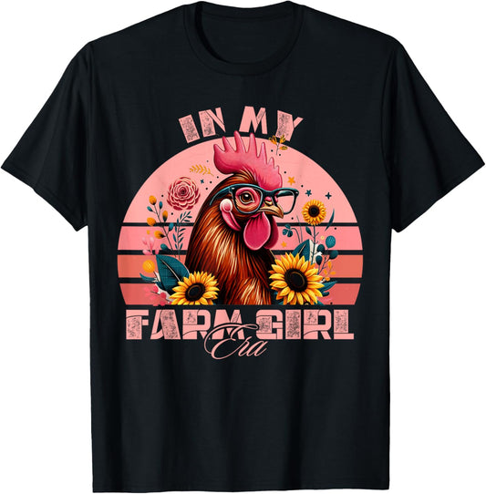 In My Farm Girl Era Cute Retro Chicken and Flowers Farm Life T-Shirt - T-Shirt | Black