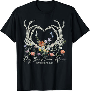 Retro Dry Bone Come To Life Funny Skeleton Hand Floral T-Shirt - T-Shirt | Black