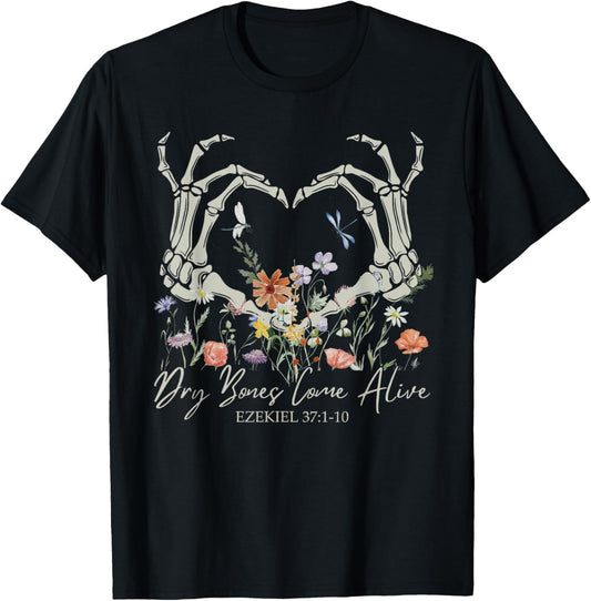 Retro Dry Bone Come To Life Funny Skeleton Hand Floral T-Shirt - T-Shirt | Black