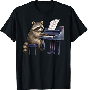 Cute Raccoon Playing Piano Musician Music T-Shirt - T-Shirt | Black