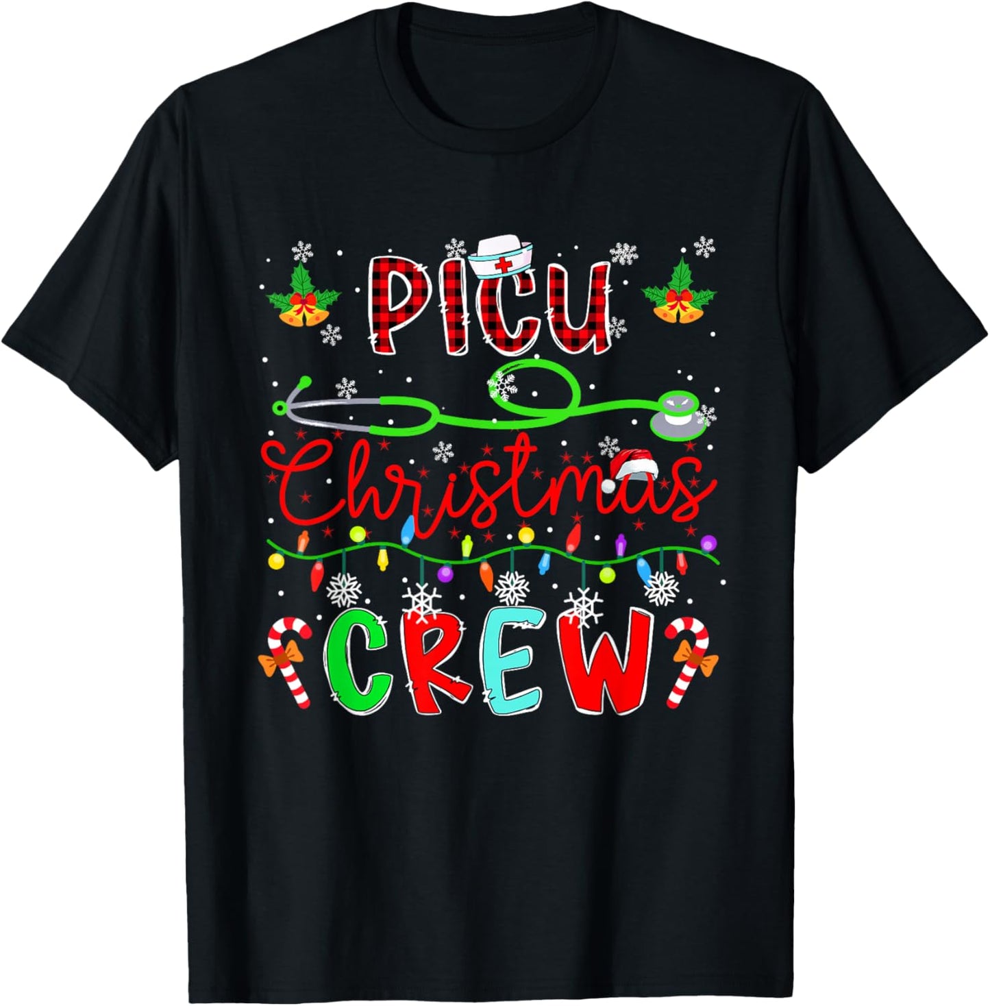 PICU Christmas Crew Matching Nusre Job Team Funny Parties T-Shirt - T-Shirt | Black