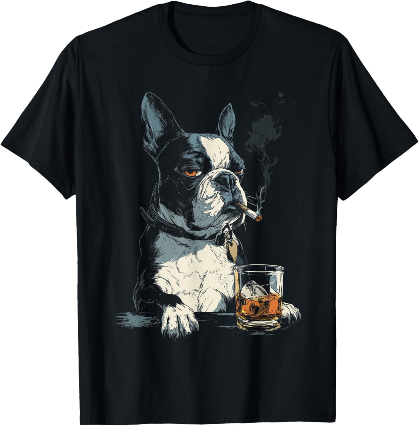 Boston Terrier Smoking Cigarette Whisky Lover Funny Dog T-Shirt - T-Shirt | Black