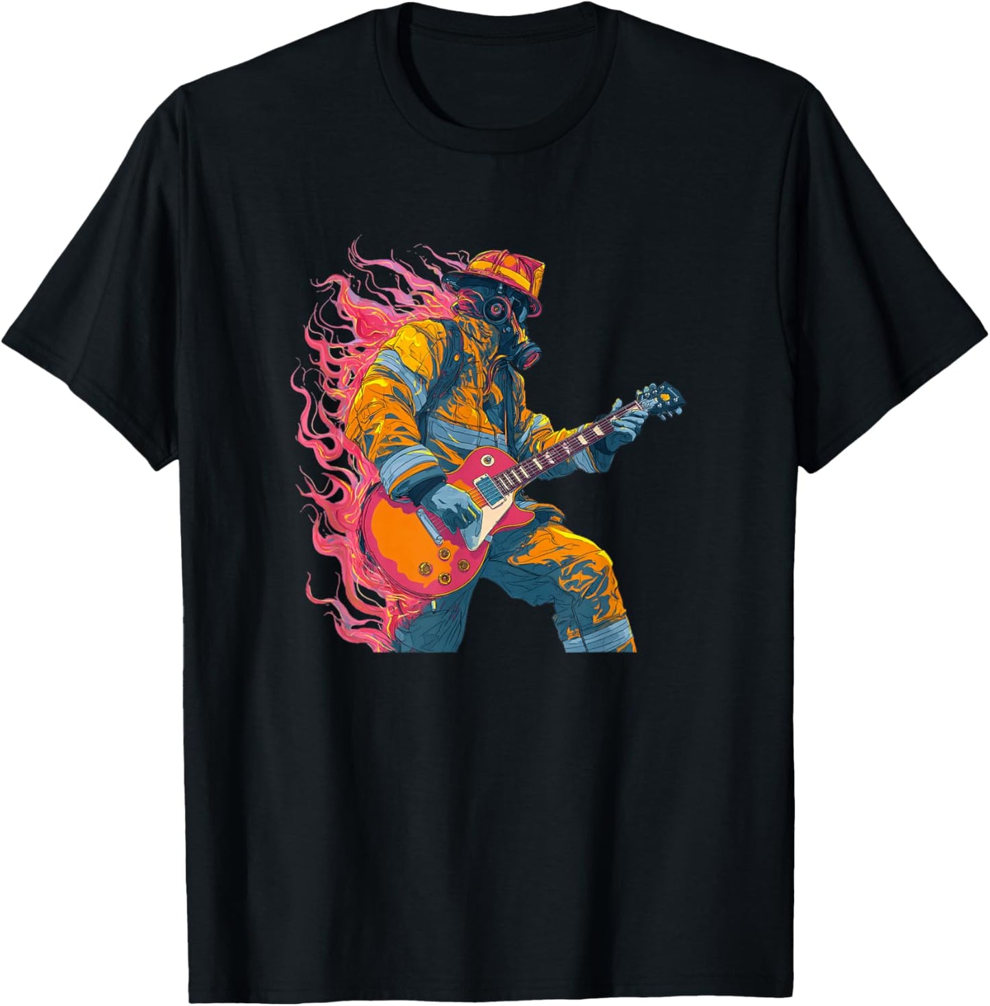 Stunning Fireman Rock Costume with Electric Guitar T-Shirt - T-Shirt | Black