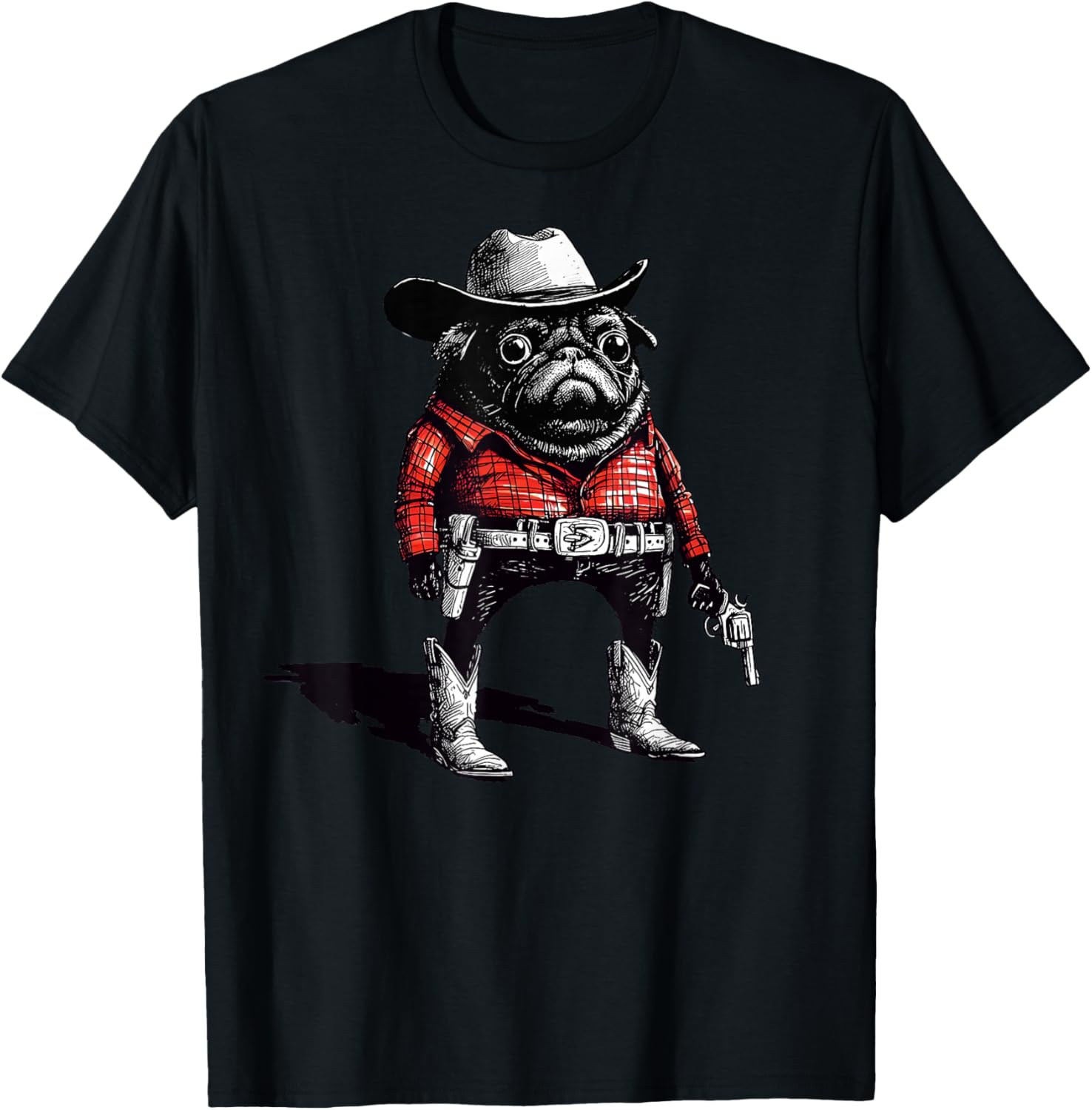 Cowboy Pug Dog Funny Western Outfit Red Pug Cowboy Meme T-Shirt - T-Shirt | Black