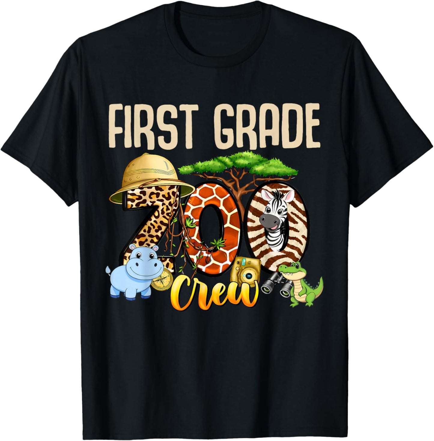 First Grade Zoo Crew Safari Animal Fun Jungle Fun Zoo Kids T-Shirt - T-Shirt | Black