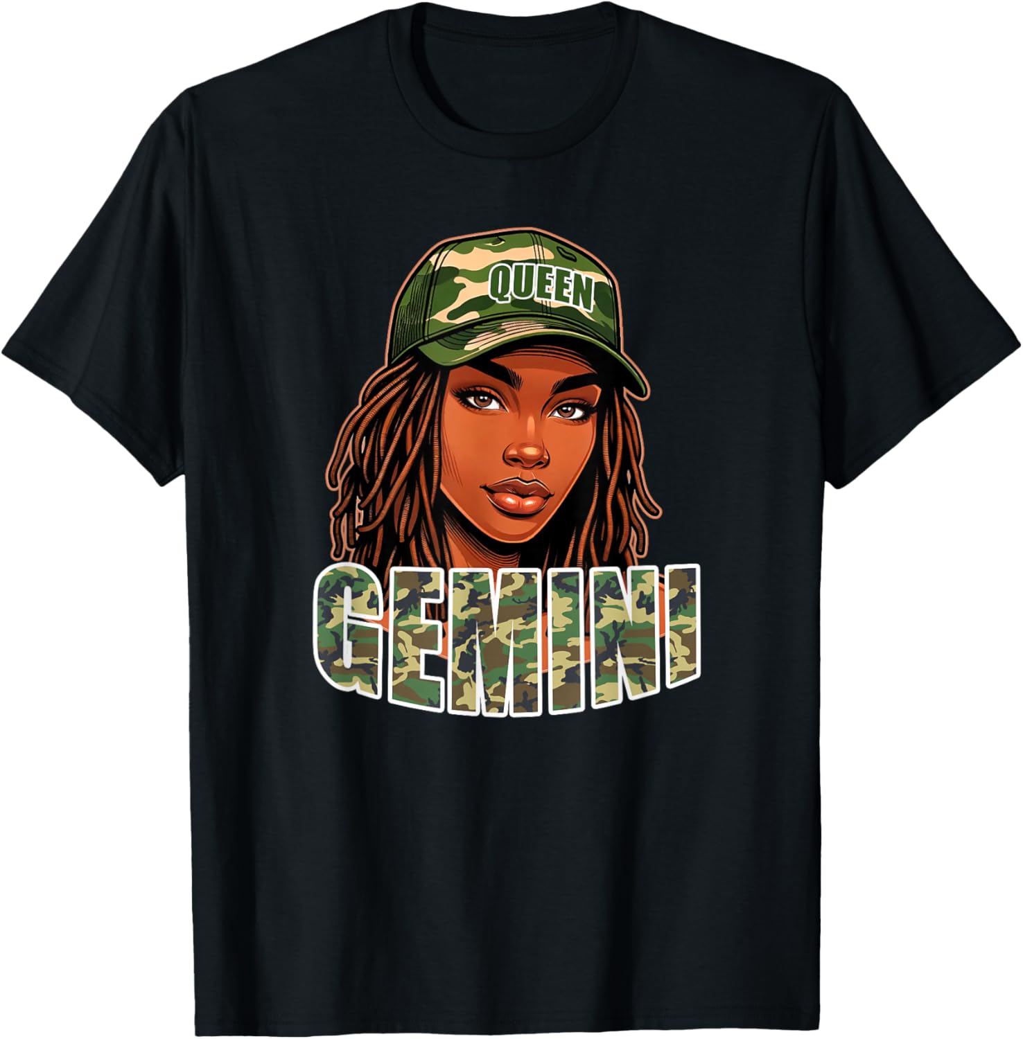 Gemini Queen Camo Hat Locs Birthday Black Woman T-Shirt - T-Shirt | Black