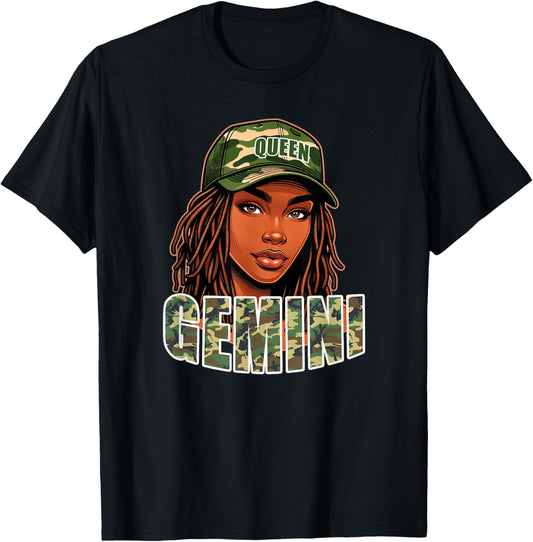 Gemini Queen Camo Hat Locs Birthday Black Woman T-Shirt - T-Shirt | Black