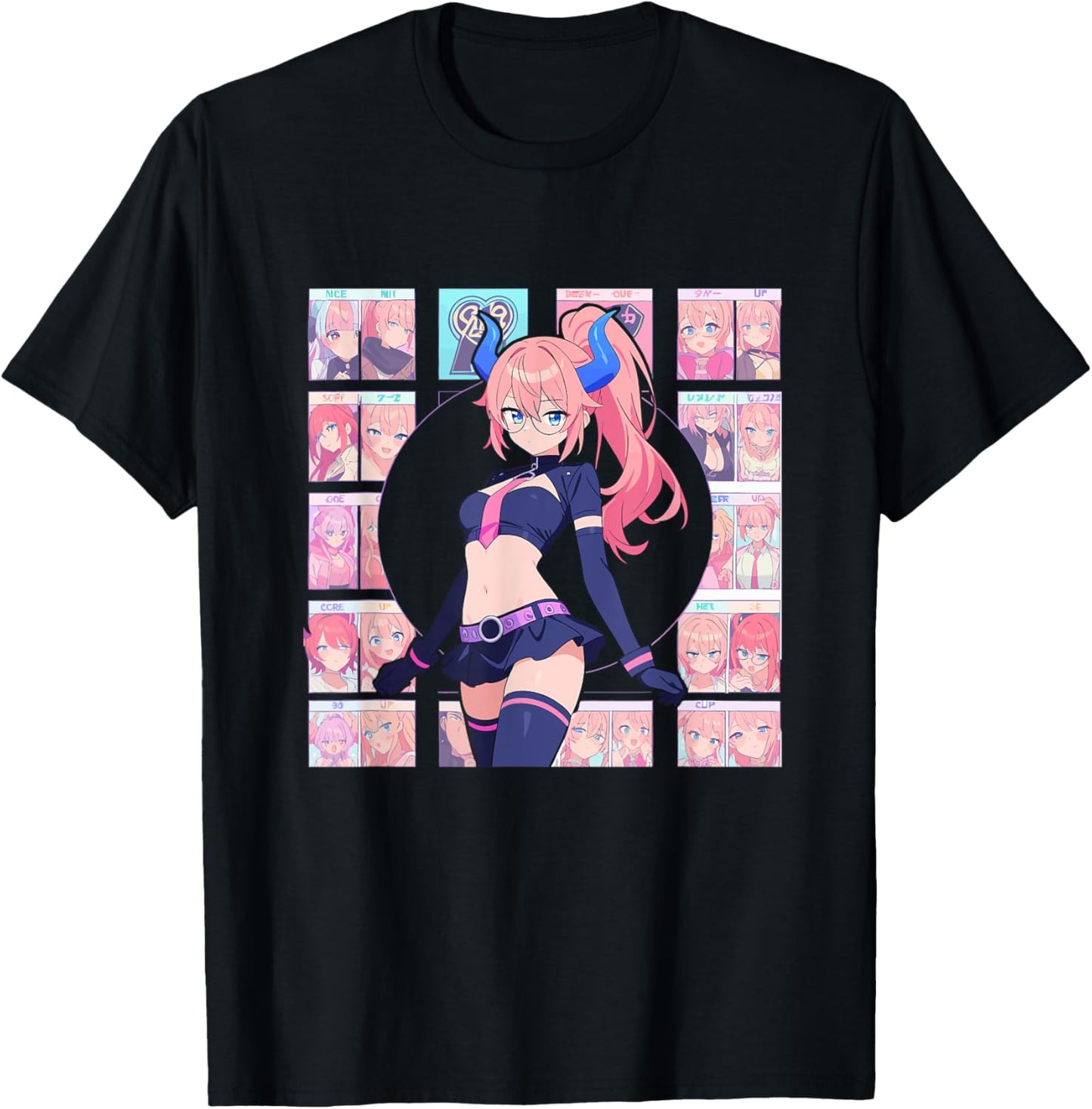 Waifu Sexy Anime Girl Horns Mini Skirt Japanese Retro Art T-Shirt - T-Shirt | Black