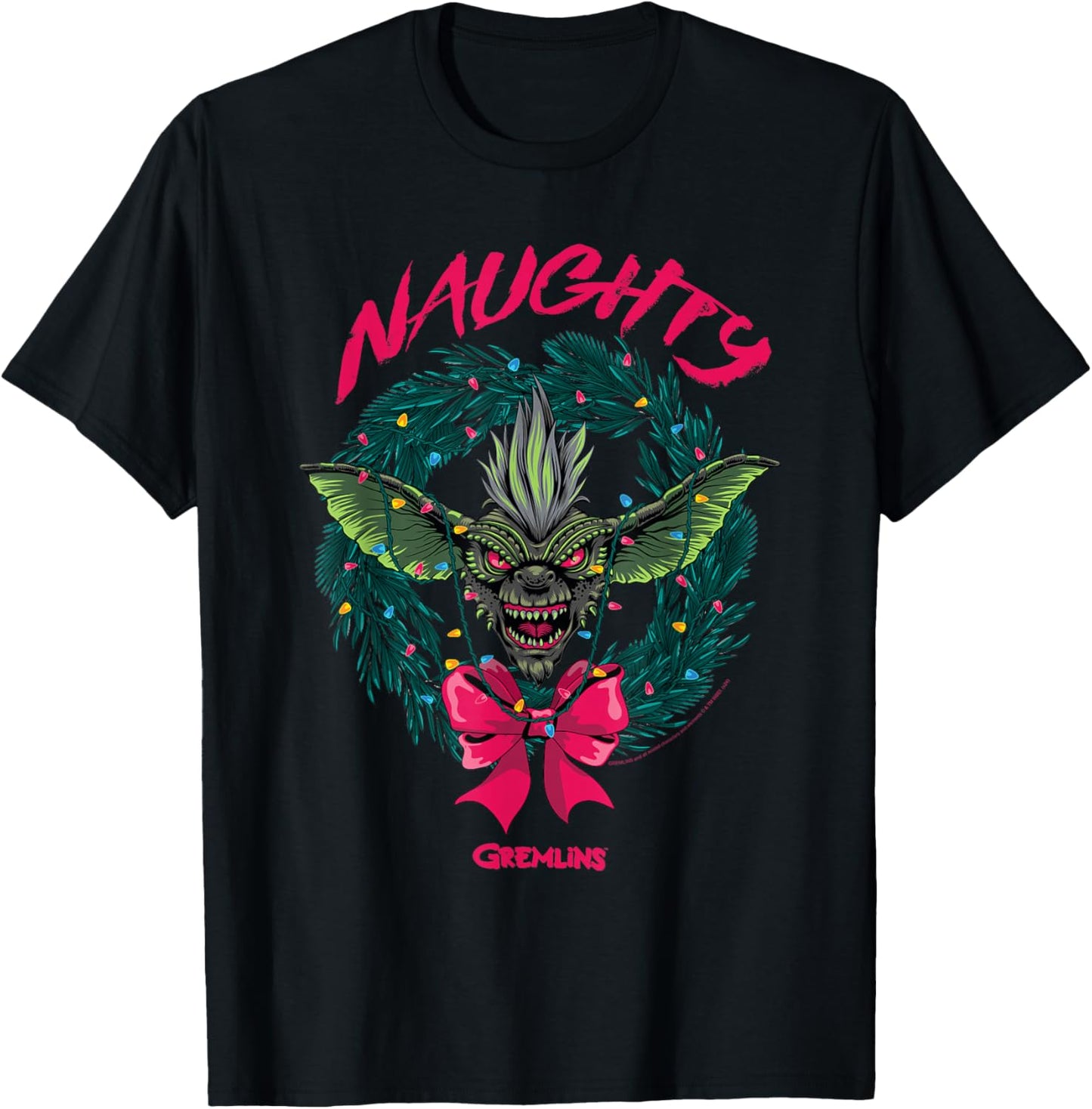 Gremlins Naughty Gremlin Wreath Retro Holiday Movie T-Shirt - T-Shirt | Black