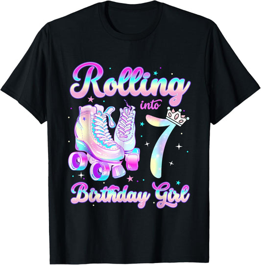 Kids Rolling Into 7 Roller Skating 7th Birthday Girl Party T-Shirt - T-Shirt | Black