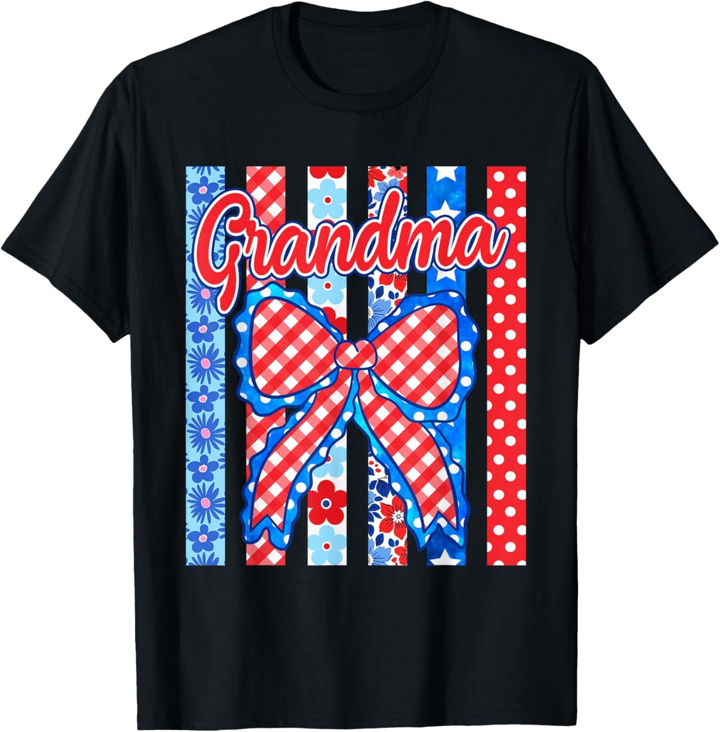 Grandma Striped Bow Flowers Patriotic Funny 4th of July T-Shirt - T-Shirt | Black