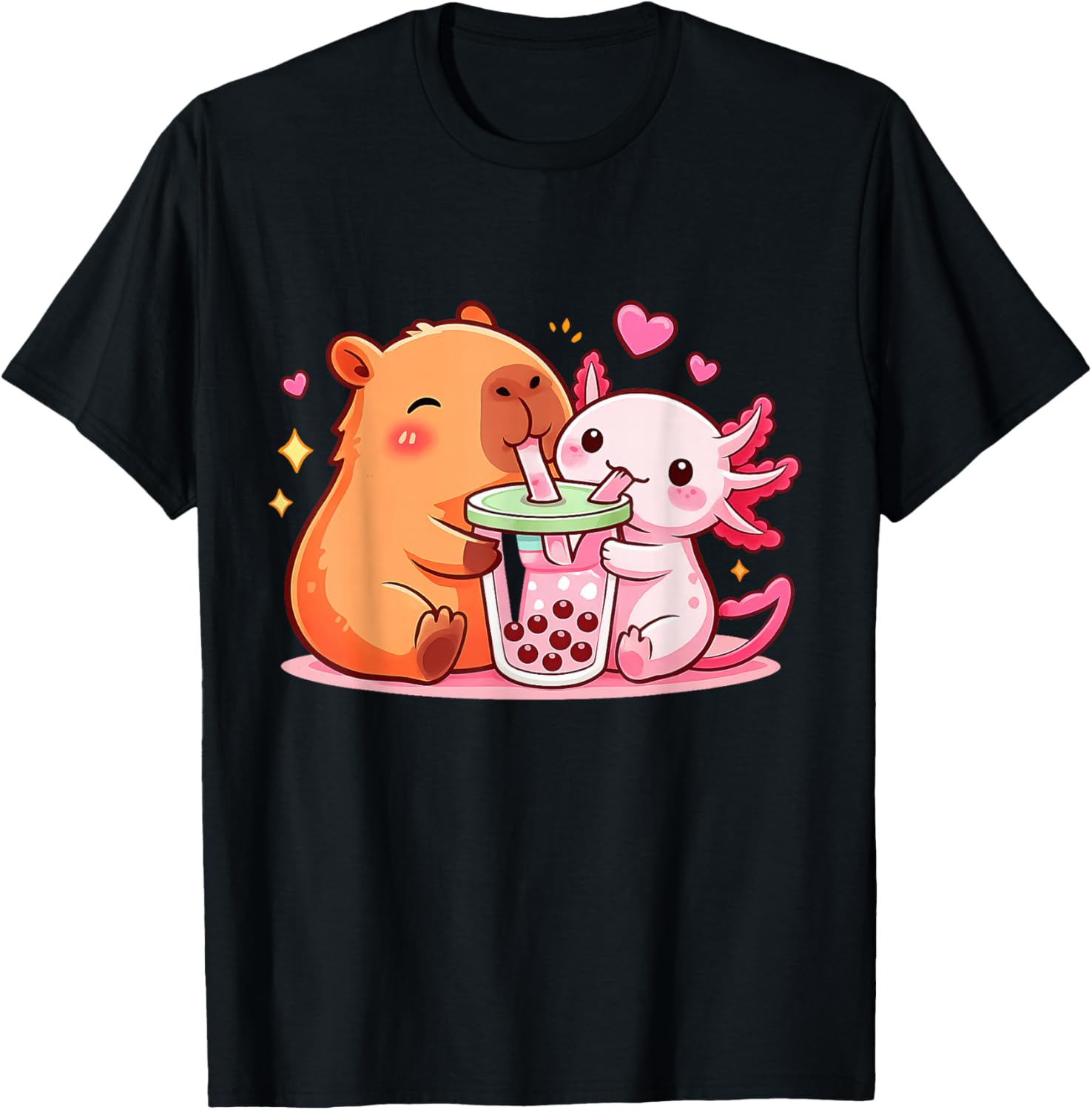 Funny Capybara and Axolotl Boba Kawaii Boys Girls Kids T-Shirt - T-Shirt | Black