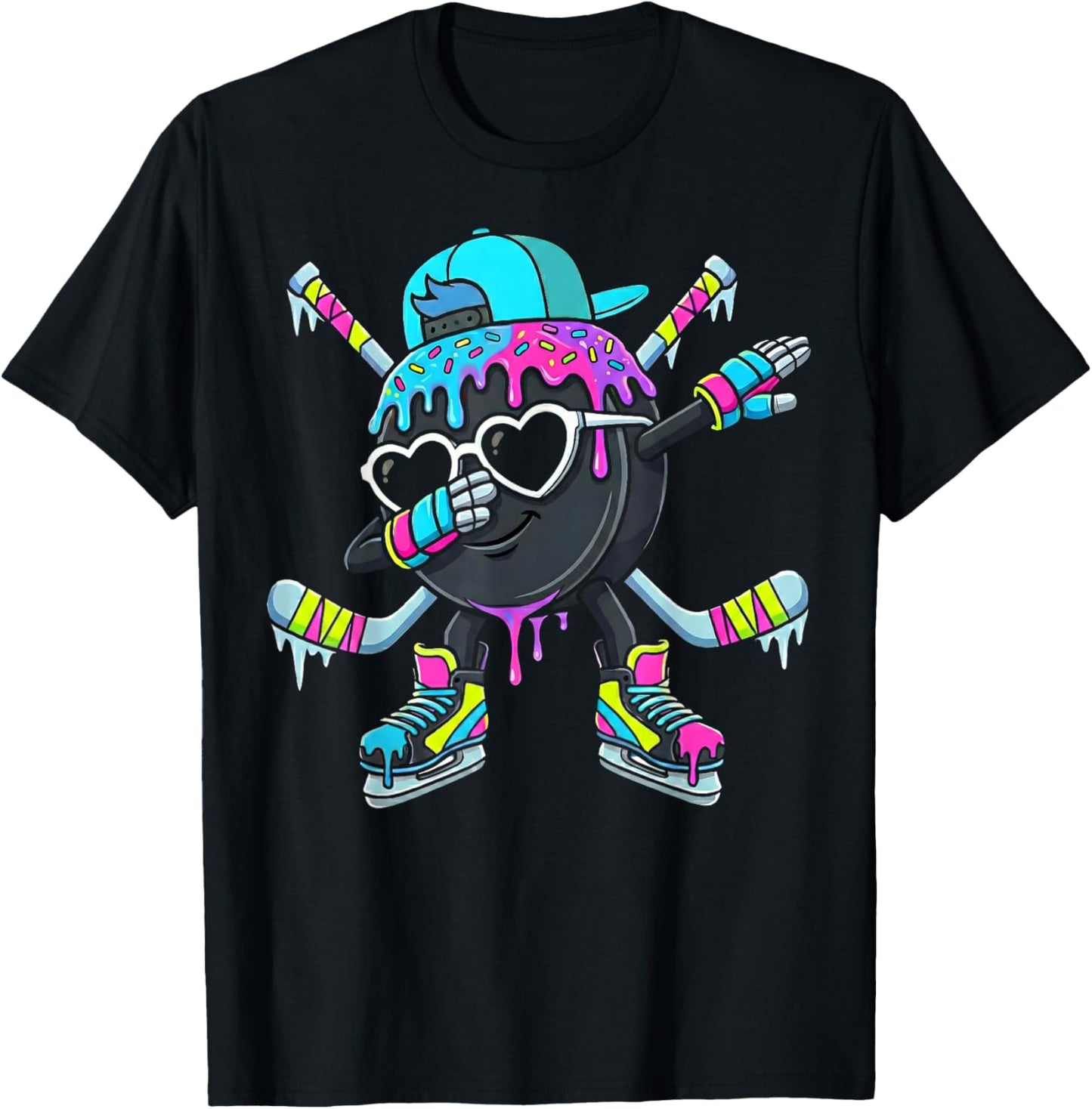 Hockey Ice Cream Drip Dabbing Puck Stakes Sprinkles for Boys T-Shirt - T-Shirt | Black