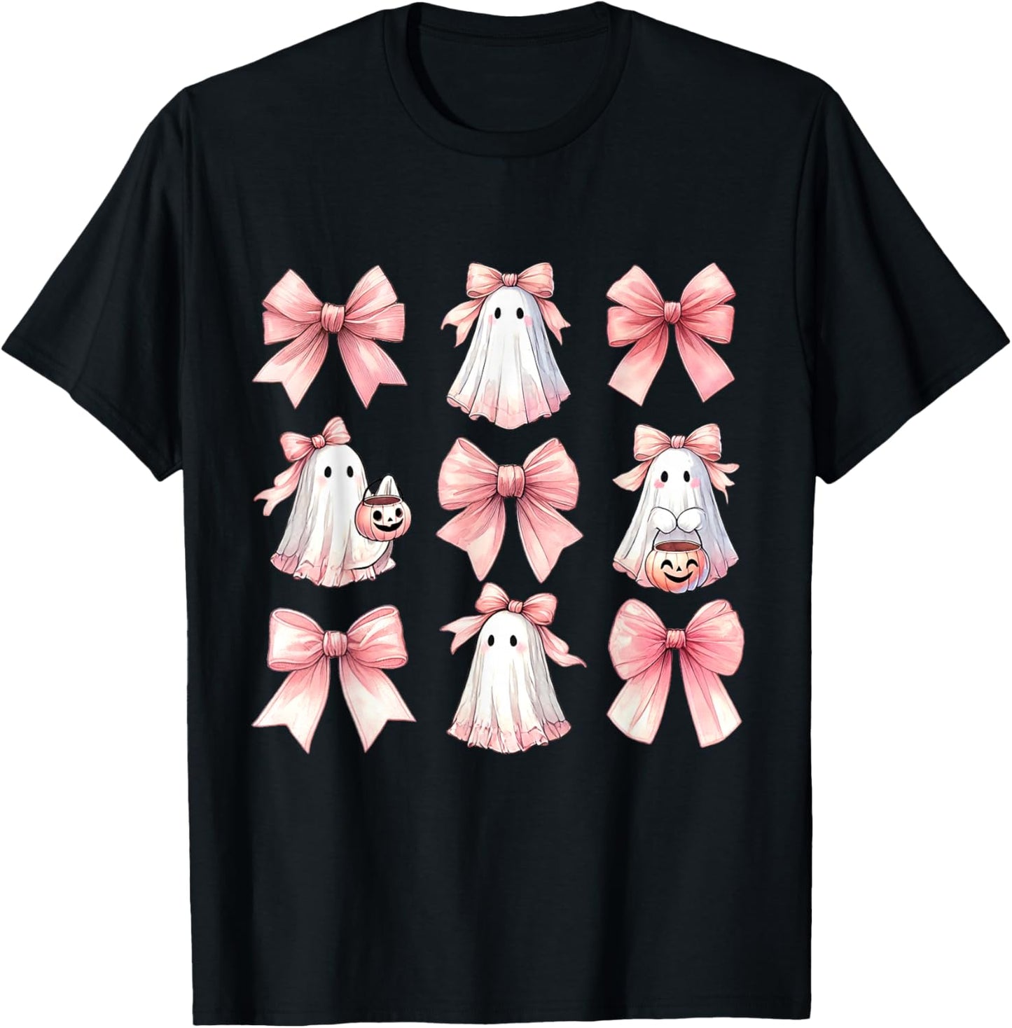 Cute Ghost Florals Pink Coquette Bows Pumpkins Halloween T-Shirt - T-Shirt | Black