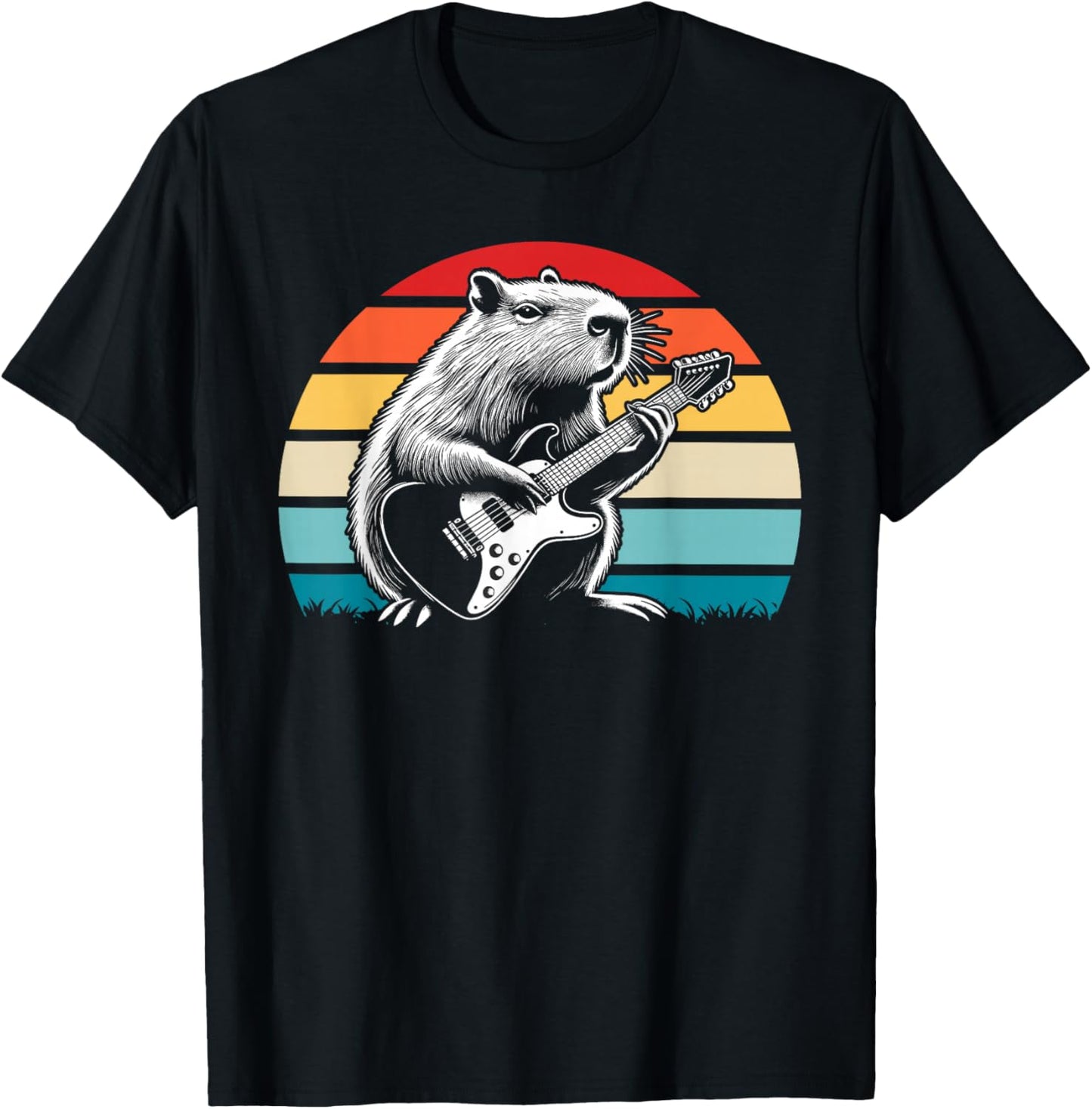 Capybara Playing Electric Guitar Retro T-Shirt - T-Shirt | Black