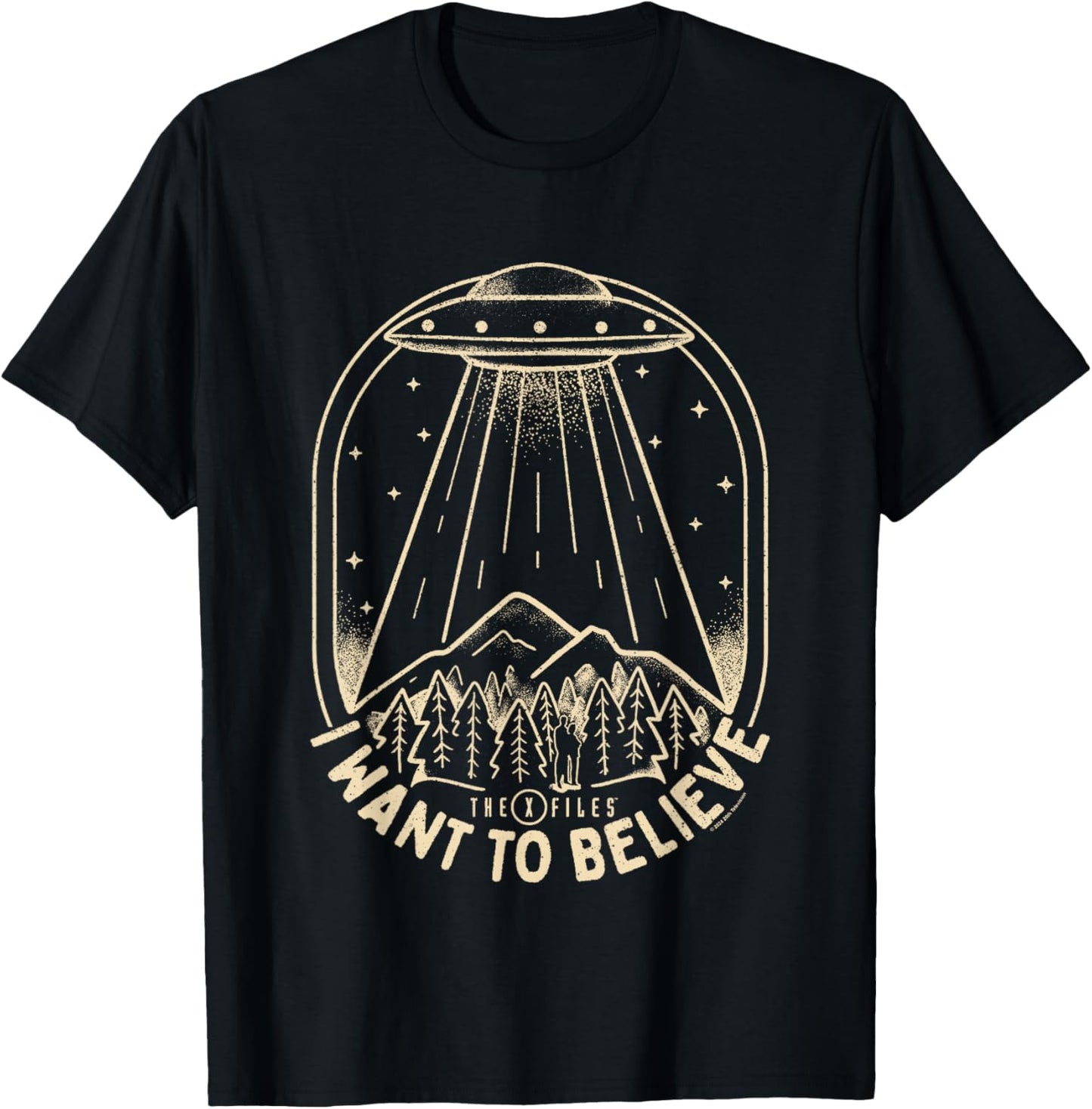 X-Files Iconic UFO I Want To Believe Distressed Silhouette T-Shirt - T-Shirt | Black
