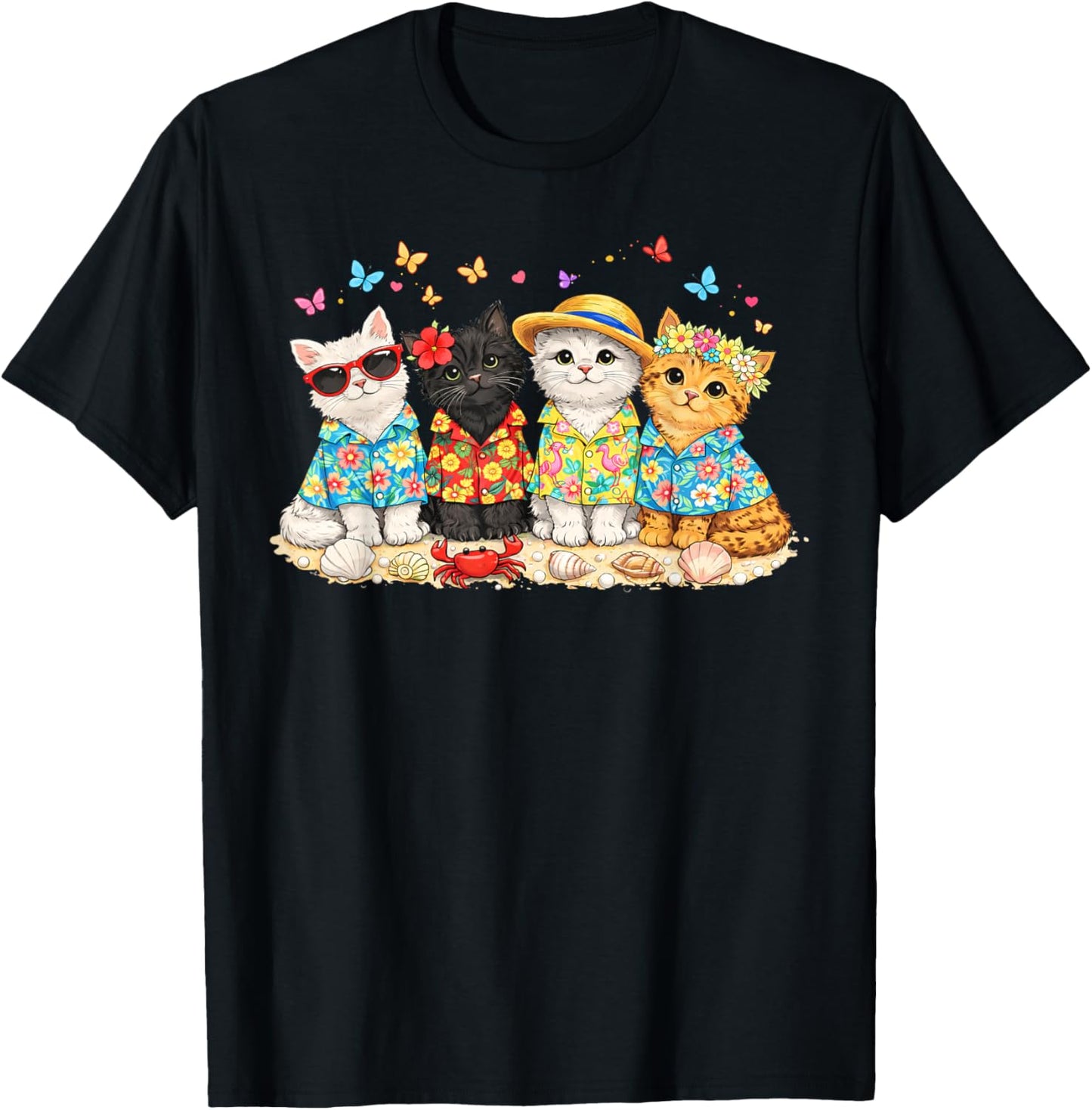 Hello Summer Beach Cats Hawaiian Aloha Cute Kitten Cat Lover T-Shirt - T-Shirt | Black