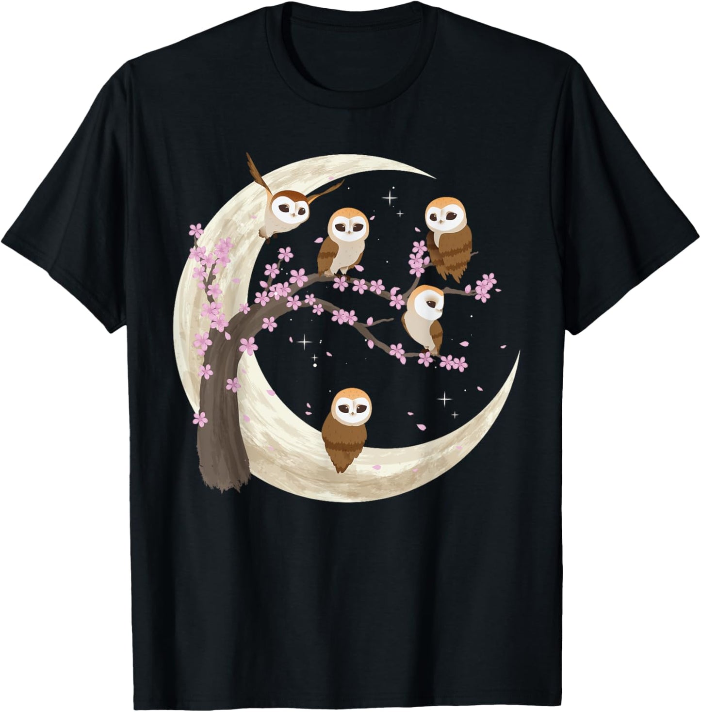 Owls Moon Shirt Japanese Sakura Cherry Blossom Owls Night T-Shirt - T-Shirt | Black