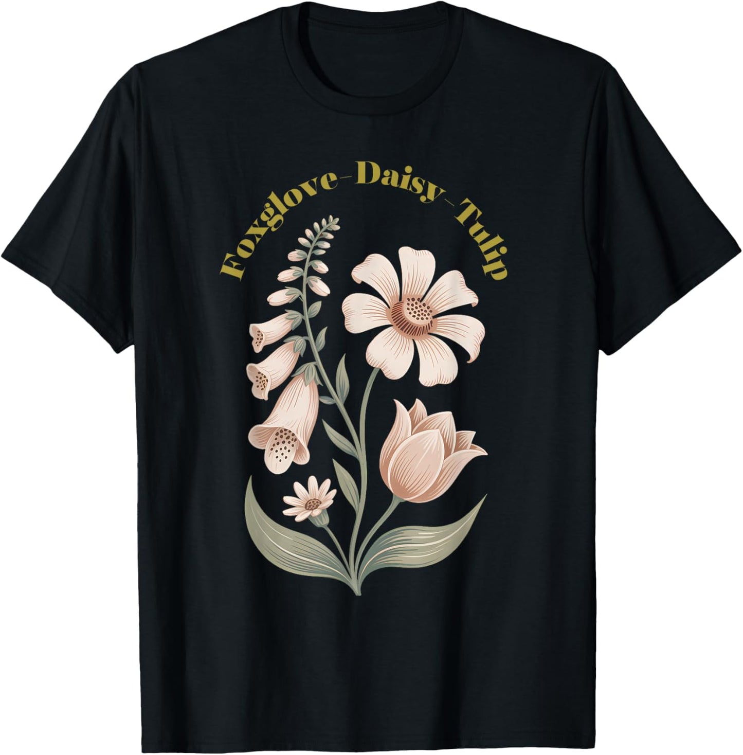 Foxglove Daisy Tulip Vintage Flower Arrangement Wildflower T-Shirt - T-Shirt | Black