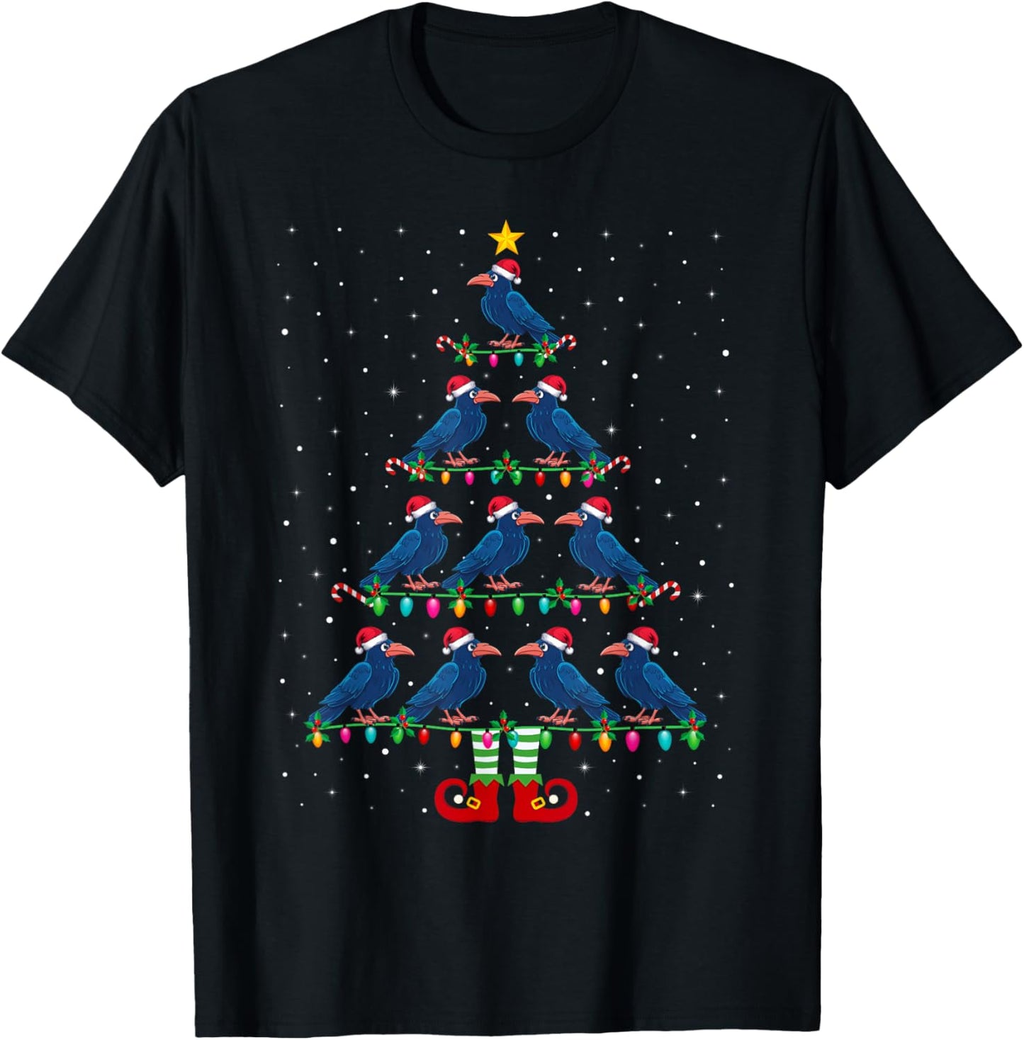 Christmas Tree Lights Santa Hat ELF Crow Xmas Tree T-Shirt - T-Shirt | Black