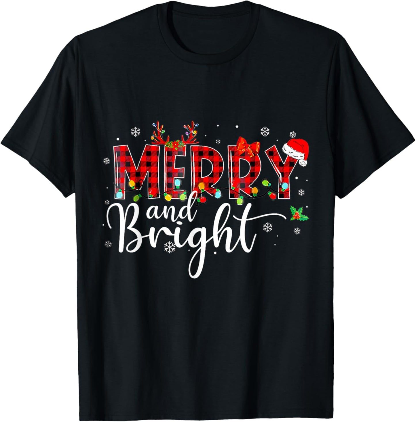 Merry and Bright Buffalo Plaid Red Santa Hat Xmas Pajamas T-Shirt - T-Shirt | Black