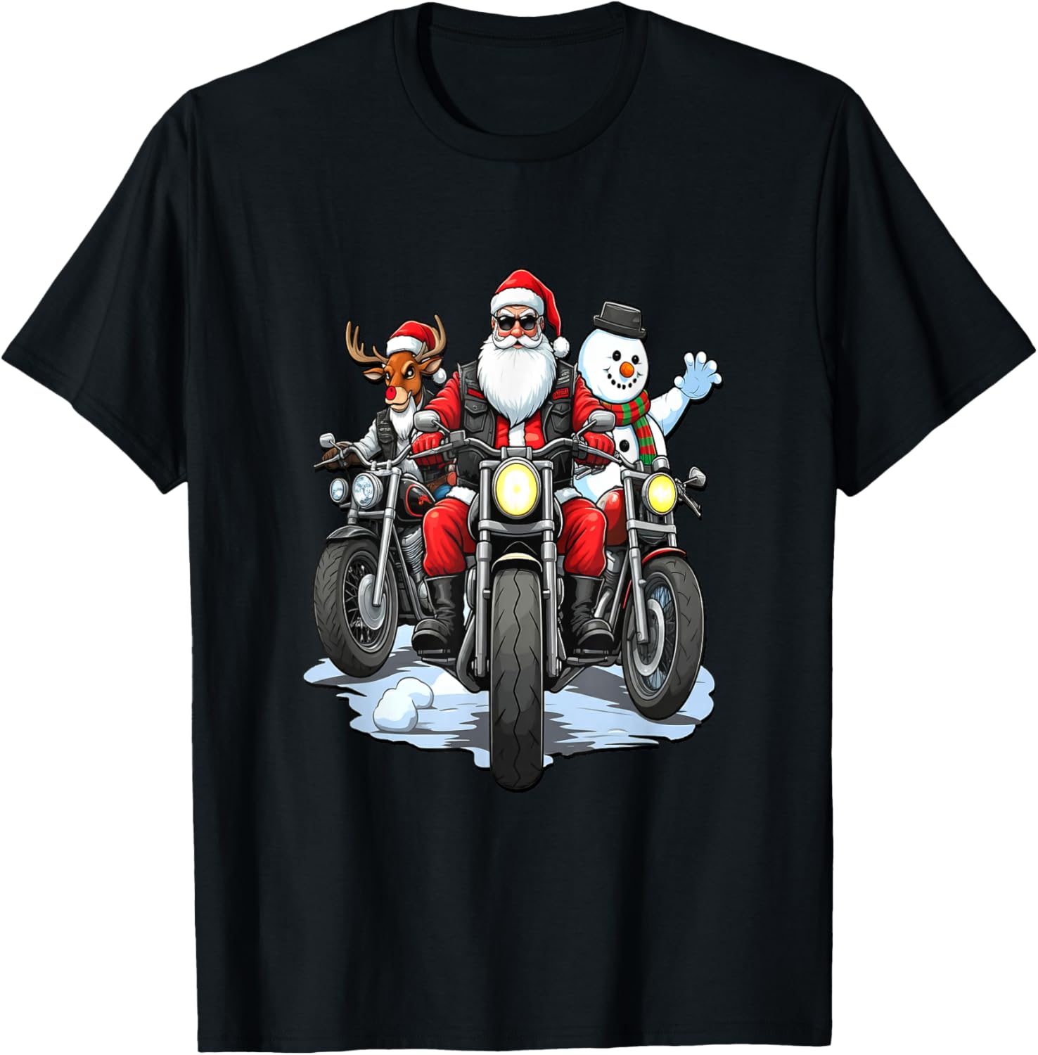 Santa, Reindeer & Snowman Bikers on Motorcycles T-Shirt - T-Shirt | Black