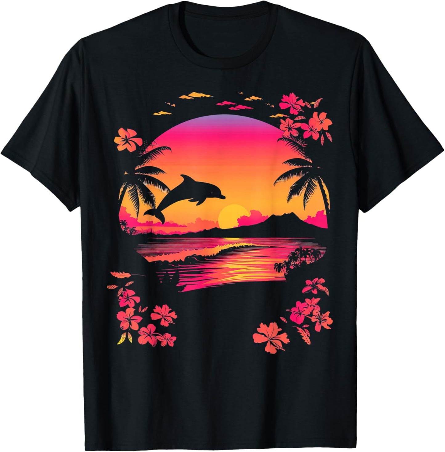 Tropical Sunset Dolphin Pink Beach Scene T-Shirt - T-Shirt | Black