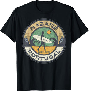 Vintage Nazare Portugal Beach Vintage Retro Surfing T-Shirt - T-Shirt | Black