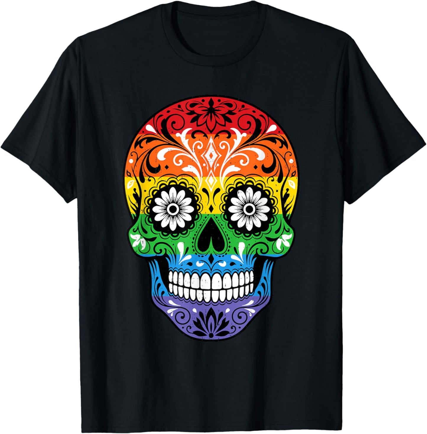Rainbow Flag Sugar Skull LGBTQ Month Gay Pride Ally Men T-Shirt - T-Shirt | Black