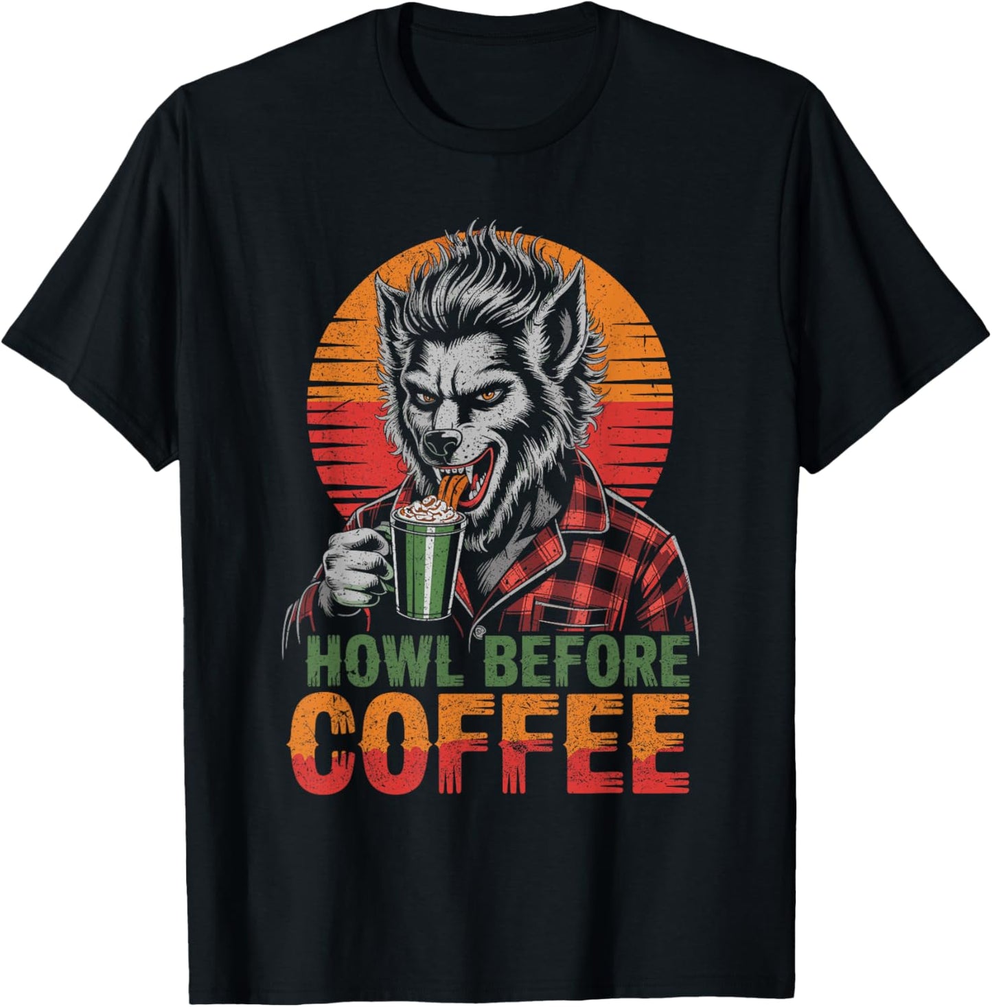 Werewolf Drinking Coffee with Sunset Scary Halloween T-Shirt - T-Shirt | Black