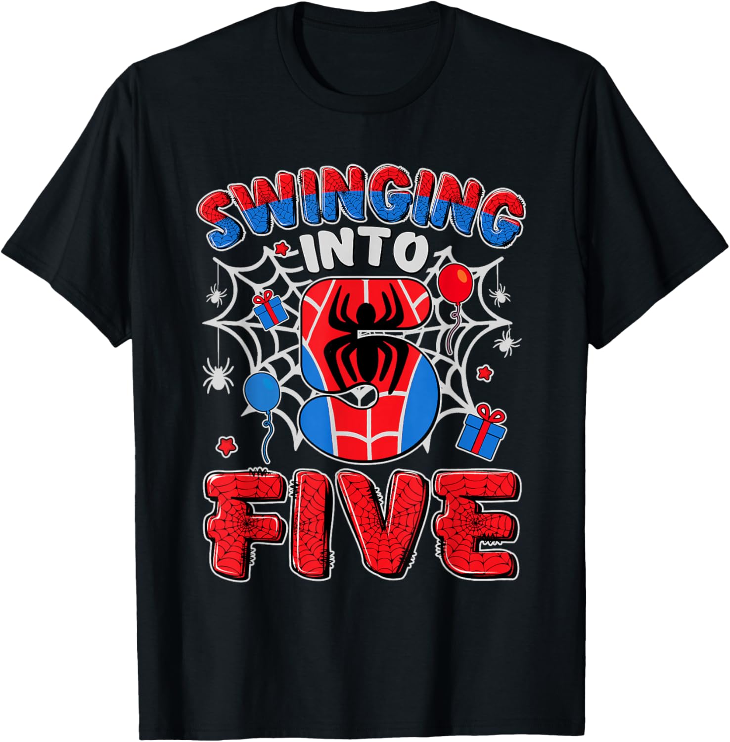 Funny Swinging Into Five 5th Boy Spiders Birthday 5 Year Old T-Shirt - T-Shirt | Black