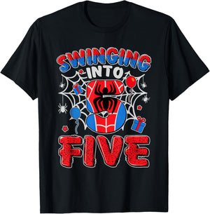 Funny Swinging Into Five 5th Boy Spiders Birthday 5 Year Old T-Shirt - T-Shirt | Black
