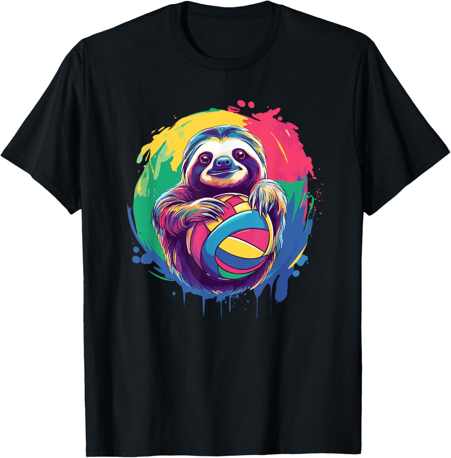Playful Sloth Holding Volleyball Colors T-Shirt - T-Shirt | Black