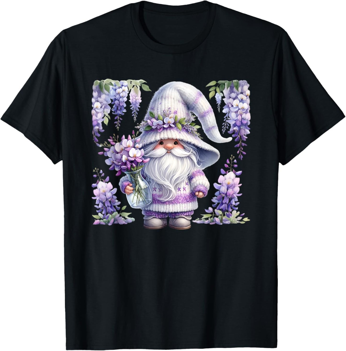 Purple Wisteria Flowers For Mom Cute Gardening Gnome Floral T-Shirt - T-Shirt | Black