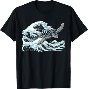 Japanese Great Wave Of Kanagawa Sea Turtle Ocean Surf Summer Men Women Kids T-Shirt - T-Shirt | Black
