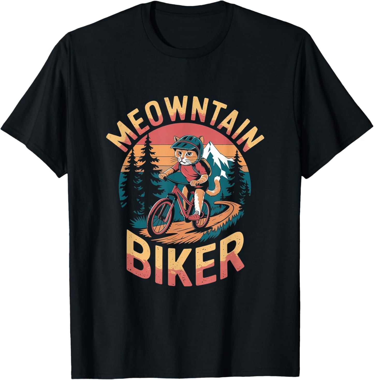 Retro Mountain Biker Pun - Funny Mountain Biking Cat T-Shirt - T-Shirt | Black