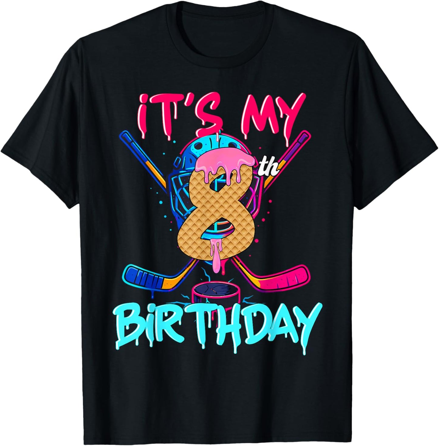 Hockey Ice Cream Drip It's My 8th Birthday Number 08 Player T-Shirt - T-Shirt | Black